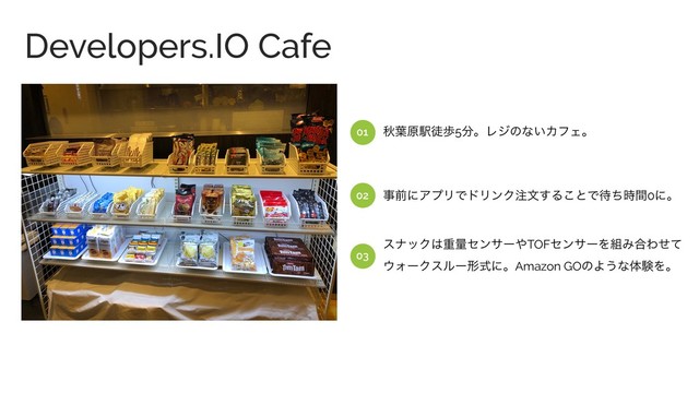 Developers.IO Cafe
ळ༿ݪӺెา5෼ɻϨδͷͳ͍ΧϑΣɻ
01
02
03
εφοΫ͸ॏྔηϯαʔ΍TOFηϯαʔΛ૊Έ߹Θͤͯ
΢ΥʔΫεϧʔܗࣜʹɻAmazon GOͷΑ͏ͳମݧΛɻ
ࣄલʹΞϓϦͰυϦϯΫ஫จ͢Δ͜ͱͰ଴ͪ࣌ؒ0ʹɻ
