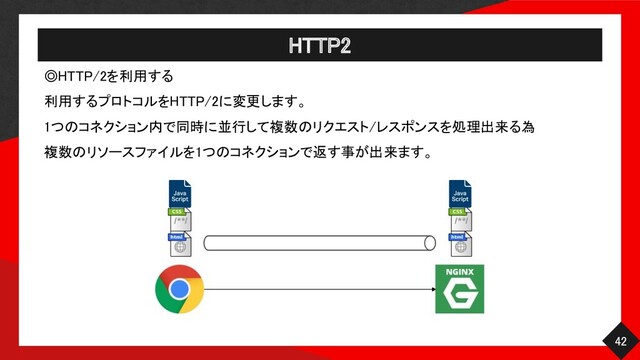 HTTP2 
42 
◎HTTP/2を利用する 
利用するプロトコルをHTTP/2に変更します。
 
1つのコネクション内で同時に並行して複数のリクエスト/レスポンスを処理出来る為
 
複数のリソースファイルを1つのコネクションで返す事が出来ます。
 
