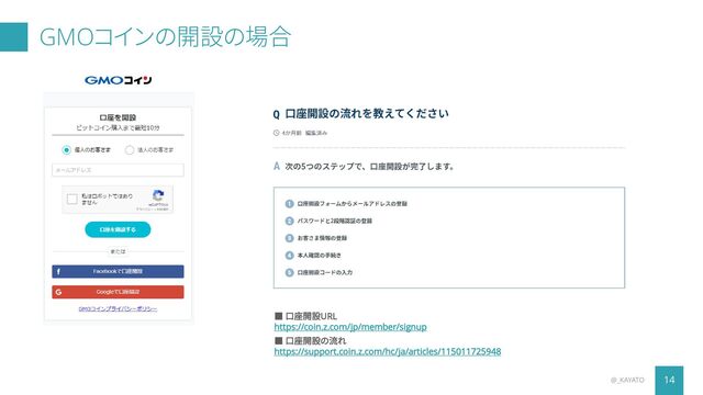 GMOコインの開設の場合
14
@_KAYATO
■ 口座開設URL
https://coin.z.com/jp/member/signup
■ 口座開設の流れ
https://support.coin.z.com/hc/ja/articles/115011725948
