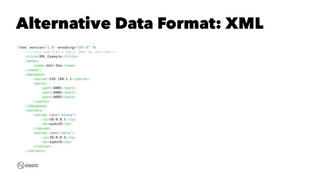 Alternative Data Format: XML


XML Example

John Doe


192.168.1.1

8001
8002
8003




10.0.0.1
eqdc10


10.0.0.2
eqdc10


