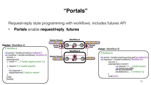 “Portals”
Request-reply style programming with workflows, includes futures API
• Portals enable request/reply, futures
16
// Workﬂow A
...
val portal = builder.portals("portalName")
val workﬂow = builder.workﬂows("Workﬂow A")
.source(...)
.replier(portal)
{ event => .... /* handle regular events */ }
{ request => // handle requests
...
val response = ...
reply(response) // reply to request
}
.sink()
.freeze()
...
// Workﬂow B
...
val portal = builder.registry.portals.get("portalName")
val requester = builder.workﬂows(“Workﬂow B”)
.source(...)
.asker(portal) { event=>
val request: T = ... // build request
val future:Future[R]=
portal.ask(request)
await(future) { ... /* continue */ }
}
.sink("sink")
Replier: Workﬂow A
Asker: Workﬂow B
