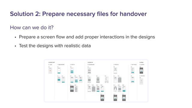 Solution 2: Prepare necessary files for handover
How can we do it?
R Prepare a screen flow and add proper interactions in the designG
R Test the designs with realistic data
