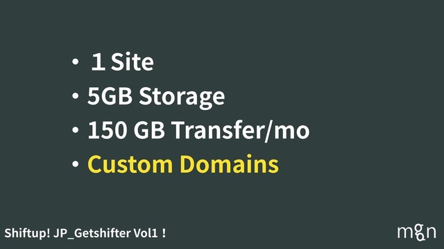 Shiftup! JP_Getshifter Vol1！
・１Site
・5GB Storage
・150 GB Transfer/mo
・Custom Domains
