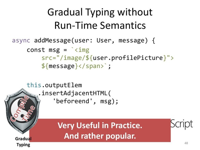 Gradual Typing without
Run-Time Semantics
async addMessage(user: User, message) {
const msg = `<img src="/image/${user.profilePicture}">
${message}`;
this.outputElem
.insertAdjacentHTML(
'beforeend', msg);
48
Very Useful in Practice.
And rather popular.
Gradual
Typing
