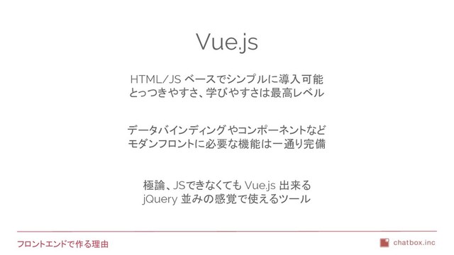フロントエンドで作る理由
Vue.js
HTML/JS ベースでシンプルに導入可能
とっつきやすさ、学びやすさは最高レベル
データバインディングやコンポーネントなど
モダンフロントに必要な機能は一通り完備
極論、JSできなくても Vue.js 出来る
jQuery 並みの感覚で使えるツール
