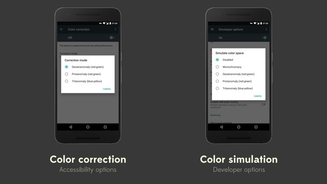 Color correction
Accessibility options
Color simulation
Developer options

