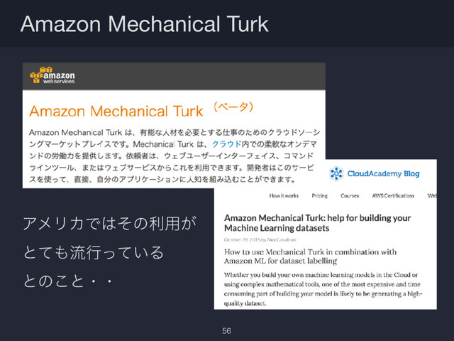 Amazon Mechanical Turk
56
ΞϝϦΧͰ͸ͦͷར༻͕
ͱͯ΋ྲྀߦ͍ͬͯΔ
ͱͷ͜ͱɾɾ
