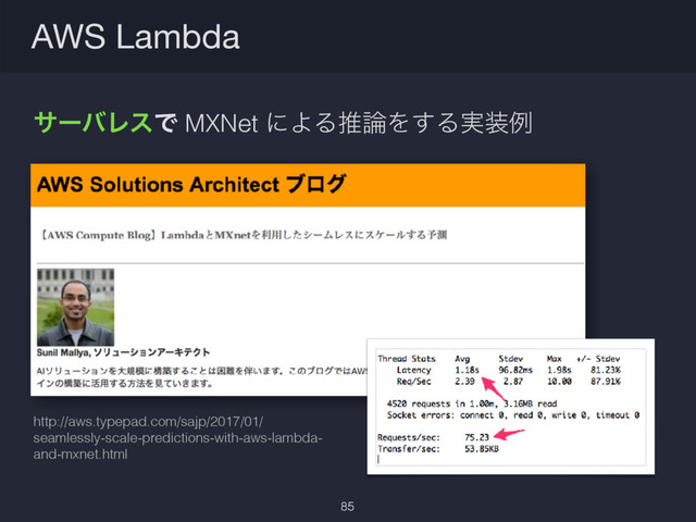 AWS Lambda
85
αʔόϨεͰ MXNet ʹΑΔਪ࿦Λ͢Δ࣮૷ྫ
http://aws.typepad.com/sajp/2017/01/
seamlessly-scale-predictions-with-aws-lambda-
and-mxnet.html
