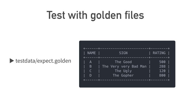 Test with golden files
ば testdata/expect.golden
