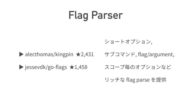 Flag Parser
ば alecthomas/kingpin 2,431
ば jessevdk/go- ags 1,458
,
, ag/argument,
ag parse
