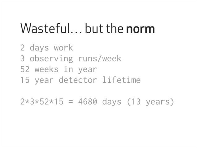 Wasteful… but the norm
2 days work
3 observing runs/week
52 weeks in year
15 year detector lifetime
!
2*3*52*15 = 4680 days (13 years)
