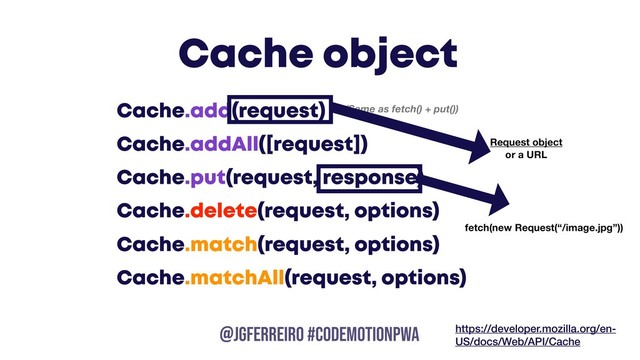 @JGFERREIRO
@JGFERREIRO #codemotionpwa
Cache object
Cache.add(request)
Cache.addAll([request])
Cache.put(request, response)
Cache.delete(request, options)
Cache.match(request, options)
Cache.matchAll(request, options)
https://developer.mozilla.org/en-
US/docs/Web/API/Cache
(Same as fetch() + put())
Request object
or a URL
fetch(new Request(“/image.jpg”))
