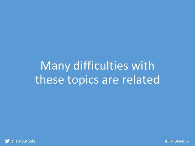 @arnoutboks #PHPBenelux
Many difficulties with
these topics are related
