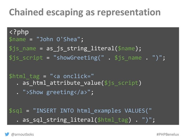@arnoutboks #PHPBenelux
Chained escaping as representation
Show greeting";
$sql = "INSERT INTO html_examples VALUES("
. as_sql_string_literal($html_tag) . ")";

