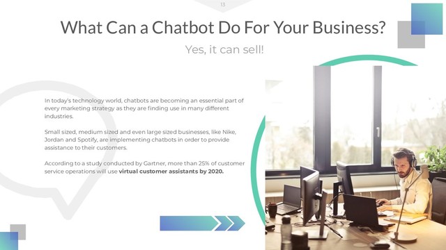 What Can a Chatbot Do For Your Business?
13
Yes, it can sell!
In today’s technology world, chatbots are becoming an essential part of
every marketing strategy as they are ﬁnding use in many different
industries.
Small sized, medium sized and even large sized businesses, like Nike,
Jordan and Spotify, are implementing chatbots in order to provide
assistance to their customers.
According to a study conducted by Gartner, more than 25% of customer
service operations will use virtual customer assistants by 2020.
