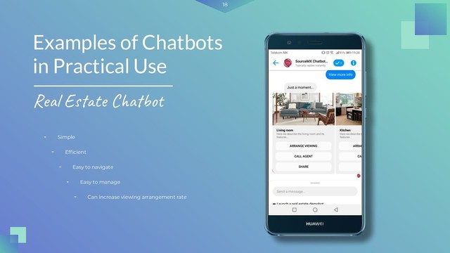 18
- Simple
Examples of Chatbots
in Practical Use
Real Estate Chatbot
- Efﬁcient
- Easy to navigate
- Easy to manage
- Can increase viewing arrangement rate
