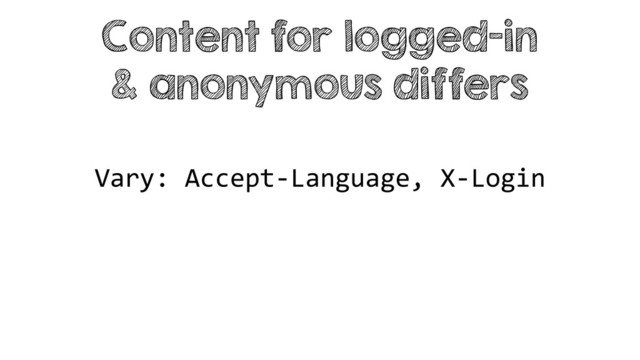 Vary: Accept-Language, X-Login
Content for logged-in
& anonymous differs
