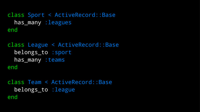 class Sport < ActiveRecord::Base
has_many :leagues
end
class League < ActiveRecord::Base
belongs_to :sport
has_many :teams
end
class Team < ActiveRecord::Base
belongs_to :league
end
