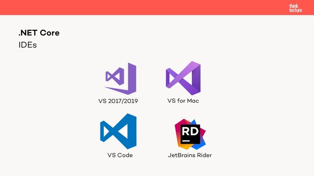 IDEs
.NET Core
VS 2017/2019
VS Code JetBrains Rider
VS for Mac
