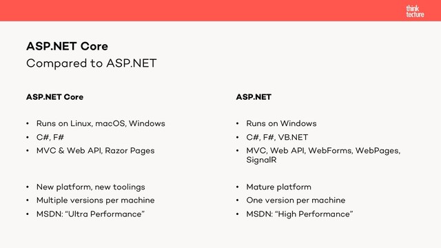 Compared to ASP.NET
ASP.NET Core
• Runs on Linux, macOS, Windows
• C#, F#
• MVC & Web API, Razor Pages
• New platform, new toolings
• Multiple versions per machine
• MSDN: “Ultra Performance”
ASP.NET
• Runs on Windows
• C#, F#, VB.NET
• MVC, Web API, WebForms, WebPages,
SignalR
• Mature platform
• One version per machine
• MSDN: “High Performance”
ASP.NET Core
