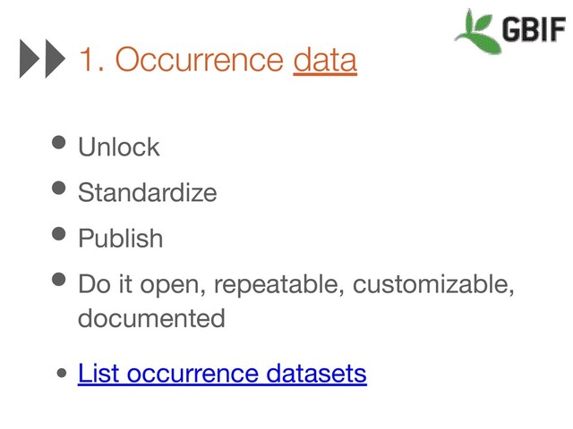 • Unlock
• Standardize
• Publish
• Do it open, repeatable, customizable,
documented
• List occurrence datasets
1. Occurrence data
