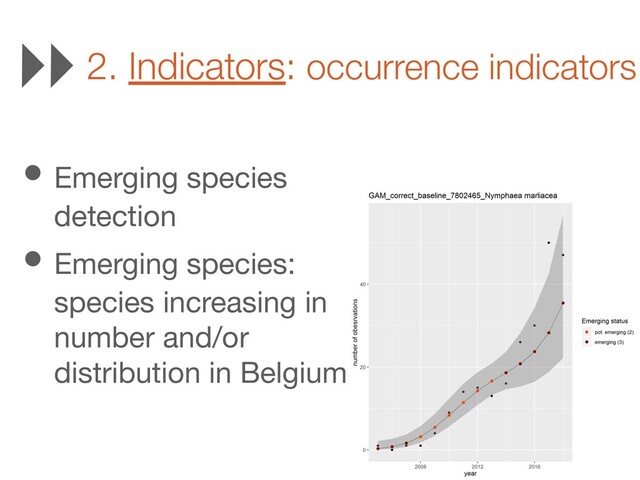 2. Indicators: occurrence indicators
• Emerging species
detection
• Emerging species:
species increasing in
number and/or
distribution in Belgium
