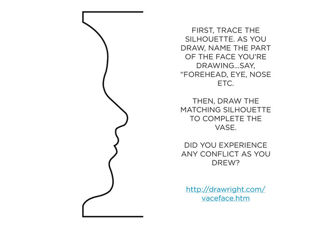FIRST, TRACE THE
SILHOUETTE. AS YOU
DRAW, NAME THE PART
OF THE FACE YOU’RE
DRAWING...SAY,
“FOREHEAD, EYE, NOSE
ETC.
THEN, DRAW THE
MATCHING SILHOUETTE
TO COMPLETE THE
VASE.
DID YOU EXPERIENCE
ANY CONFLICT AS YOU
DREW?
http://drawright.com/
vaceface.htm

