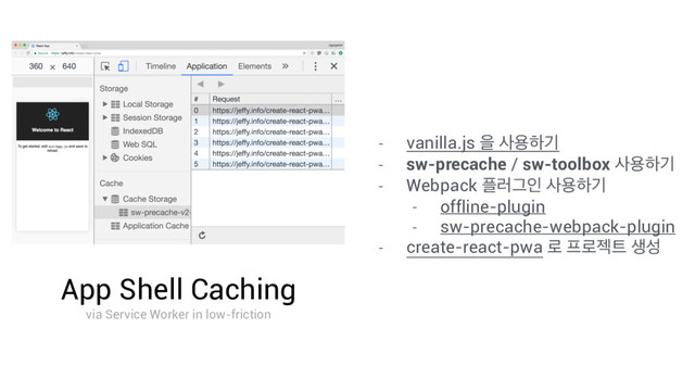 App Shell Caching
via Service Worker in low-friction
- vanilla.js ਸ ࢎਊೞӝ
- sw-precache / sw-toolbox ࢎਊೞӝ
- Webpack ೒۞Ӓੋ ࢎਊೞӝ
- offline-plugin
- sw-precache-webpack-plugin
- create-react-pwa ۽ ೐۽ં౟ ࢤࢿ
