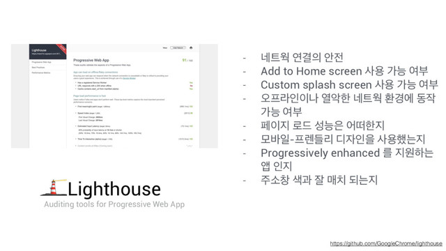 https://github.com/GoogleChrome/lighthouse
- ֎౟ਖ োѾ੄ উ੹
- Add to Home screen ࢎਊ оמ ৈࠗ
- Custom splash screen ࢎਊ оמ ৈࠗ
- য়೐ۄੋ੉ա ৌঈೠ ֎౟ਖ ജ҃ী ز੘
оמ ৈࠗ
- ಕ੉૑ ۽٘ ࢿמ਷ যځೠ૑
- ݽ߄ੌ-೐۪ٜܻ ٣੗ੋਸ ࢎਊ೮ח૑
- Progressively enhanced ܳ ૑ਗೞח
জ ੋ૑
- ઱ࣗହ ࢝җ ੜ ݒ஖ غח૑
Lighthouse
Auditing tools for Progressive Web App
