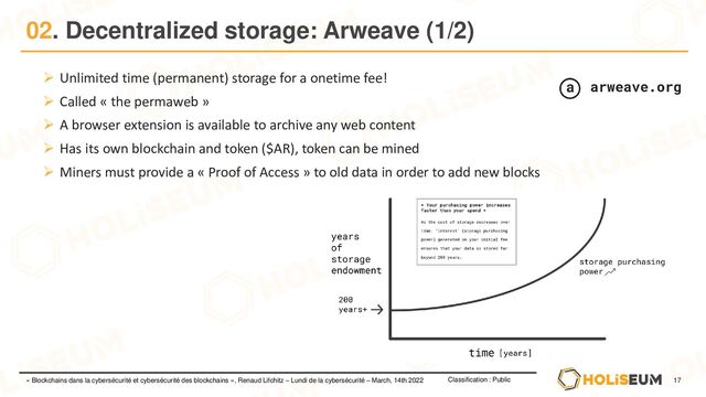 17
Classification : Public
« Blockchains dans la cybersécurité et cybersécurité des blockchains », Renaud Lifchitz – Lundi de la cybersécurité – March, 14th 2022
02. Decentralized storage: Arweave (1/2)
➢ Unlimited time (permanent) storage for a onetime fee!
➢ Called « the permaweb »
➢ A browser extension is available to archive any web content
➢ Has its own blockchain and token ($AR), token can be mined
➢ Miners must provide a « Proof of Access » to old data in order to add new blocks
