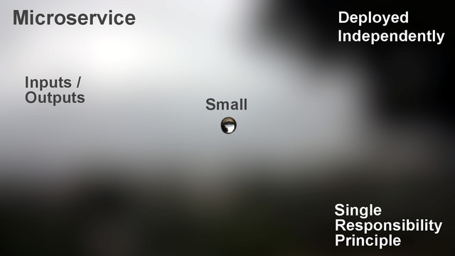 Microservice
Small
Single 
Responsibility 
Principle
Deployed 
Independently
Inputs /
Outputs
