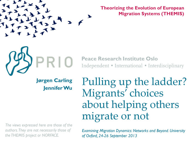 Theorizing the Evolution of European
Migration Systems (THEMIS)
Examining Migration Dynamics: Networks and Beyond. University
of Oxford, 24-26 September 2013
Pulling up the ladder?
Migrants’ choices
about helping others
migrate or not
Jørgen Carling
Jennifer Wu
The views expressed here are those of the
authors. They are not necessarily those of
the THEMIS project or NORFACE.
