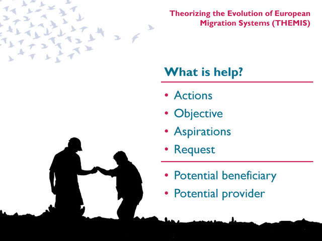 Theorizing the Evolution of European
Migration Systems (THEMIS)
What is help?
• Actions
• Objective
• Aspirations
• Request
• Potential beneficiary
• Potential provider
