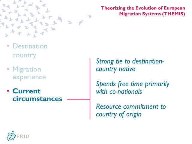 Theorizing the Evolution of European
Migration Systems (THEMIS)
• Destination
country
• Migration
experience
• Current
circumstances
Strong tie to destination-
country native
Spends free time primarily
with co-nationals
Resource commitment to
country of origin
