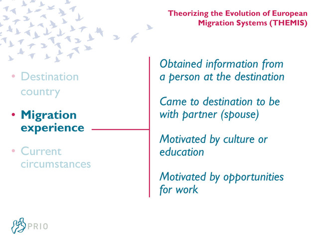 Theorizing the Evolution of European
Migration Systems (THEMIS)
• Destination
country
• Migration
experience
• Current
circumstances
Obtained information from
a person at the destination
Came to destination to be
with partner (spouse)
Motivated by culture or
education
Motivated by opportunities
for work
