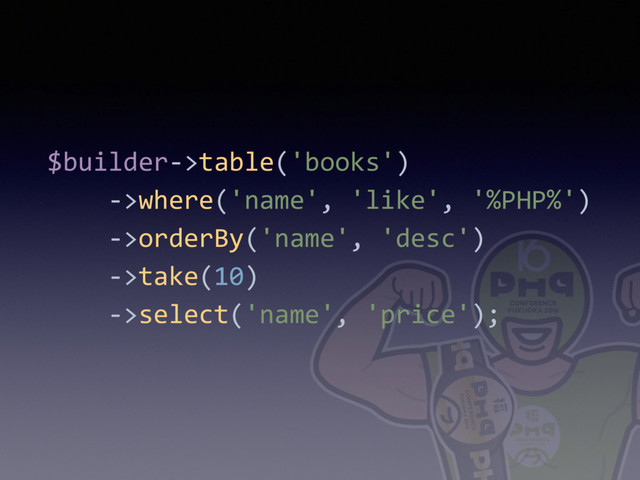 $builder->table('books') 
->where('name', 'like', '%PHP%') 
->orderBy('name', 'desc') 
->take(10)
->select('name', 'price');
