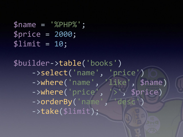 $name = '%PHP%'; 
$price = 2000;
$limit = 10; 
 
$builder->table('books') 
->select('name', 'price') 
->where('name', 'like', $name) 
->where('price', '>', $price) 
->orderBy('name', 'desc') 
->take($limit);

