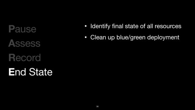 • Identify
fi
nal state of all resources

• Clean up blue/green deployment
30
Pause

Assess

Record

End State
