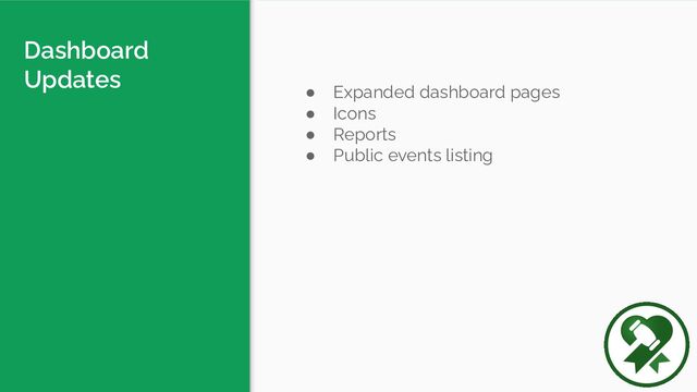 Dashboard
Updates
● Expanded dashboard pages
● Icons
● Reports
● Public events listing
