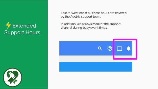⚡Extended
Support Hours
East to West coast business hours are covered
by the Auctria support team.
In addition, we always monitor the support
channel during busy event times.
