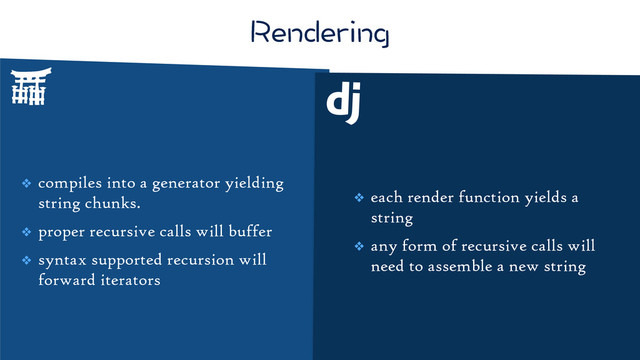 4GPFGTKPI
❖ compiles into a generator yielding
string chunks.
❖ proper recursive calls will buffer
❖ syntax supported recursion will
forward iterators
❖ each render function yields a
string
❖ any form of recursive calls will
need to assemble a new string
