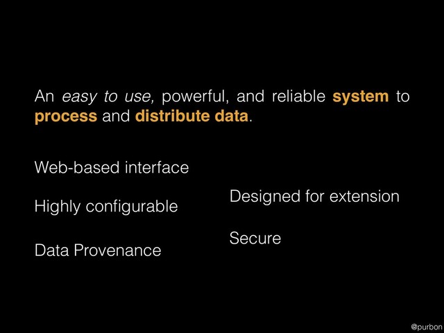 @purbon
An easy to use, powerful, and reliable system to
process and distribute data.
Web-based interface
Highly conﬁgurable
Data Provenance
Designed for extension
Secure
