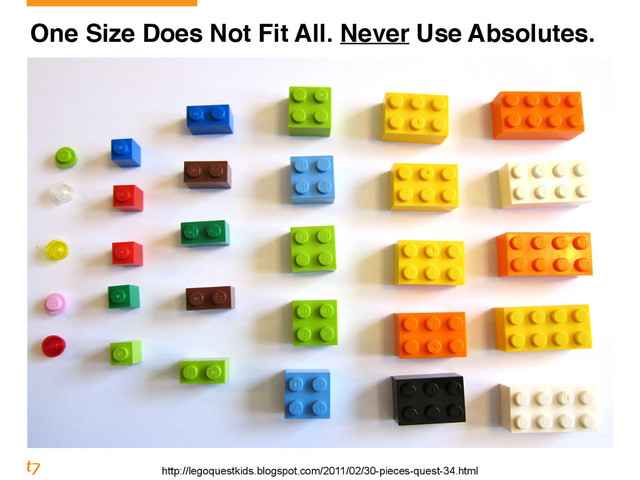 http://legoquestkids.blogspot.com/2011/02/30-pieces-quest-34.html
One Size Does Not Fit All. Never Use Absolutes.
