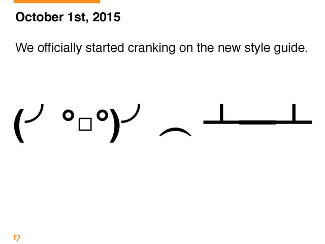 October 1st, 2015!
!
We officially started cranking on the new style guide.
(╯°□°)╯︵ ┻━┻
