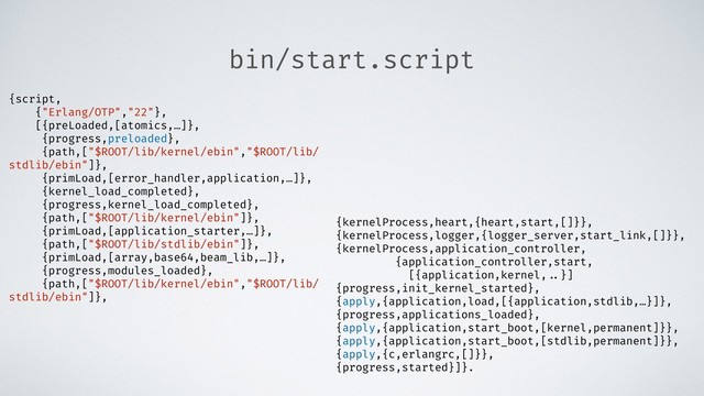 bin/start.script
{script,
{"Erlang/OTP","22"},
[{preLoaded,[atomics,…]},
{progress,preloaded},
{path,["$ROOT/lib/kernel/ebin","$ROOT/lib/
stdlib/ebin"]},
{primLoad,[error_handler,application,…]},
{kernel_load_completed},
{progress,kernel_load_completed},
{path,["$ROOT/lib/kernel/ebin"]},
{primLoad,[application_starter,…]},
{path,["$ROOT/lib/stdlib/ebin"]},
{primLoad,[array,base64,beam_lib,…]},
{progress,modules_loaded},
{path,["$ROOT/lib/kernel/ebin","$ROOT/lib/
stdlib/ebin"]},
{kernelProcess,heart,{heart,start,[]}},
{kernelProcess,logger,{logger_server,start_link,[]}},
{kernelProcess,application_controller,
{application_controller,start,
[{application,kernel, ..}]
{progress,init_kernel_started},
{apply,{application,load,[{application,stdlib,…}]},
{progress,applications_loaded},
{apply,{application,start_boot,[kernel,permanent]}},
{apply,{application,start_boot,[stdlib,permanent]}},
{apply,{c,erlangrc,[]}},
{progress,started}]}.
