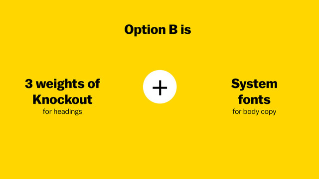Option B is
3 weights of
Knockout  
for headings
System  
fonts 
for body copy
+
