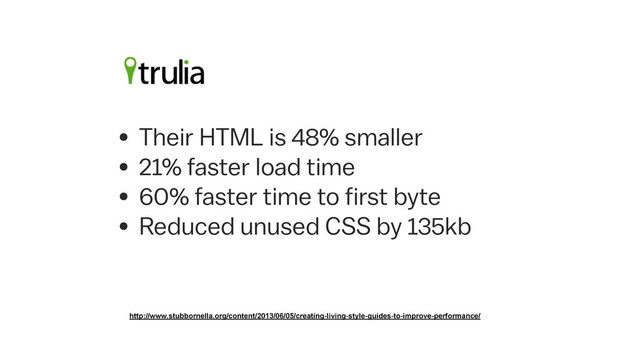 • Their HTML is 48% smaller
• 21% faster load time
• 60% faster time to first byte
• Reduced unused CSS by 135kb
http://www.stubbornella.org/content/2013/06/05/creating-living-style-guides-to-improve-performance/
