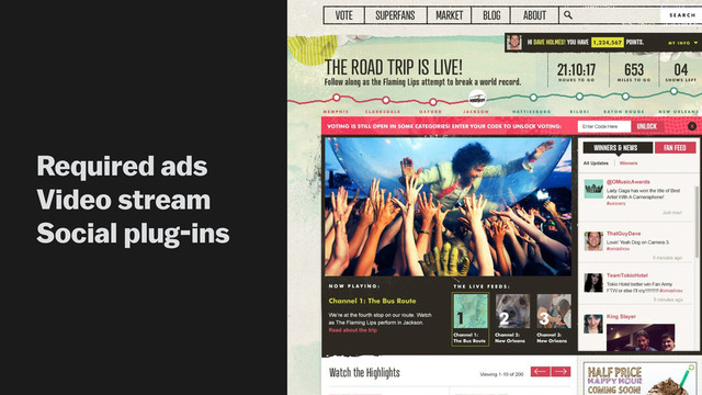 Required ads
Video stream
Social plug-ins
