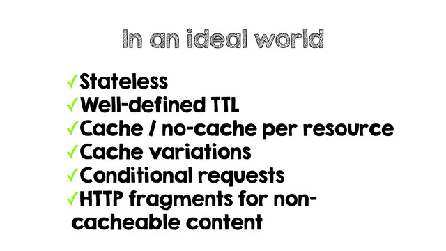 ✓Stateless
✓Well-defined TTL
✓Cache / no-cache per resource
✓Cache variations
✓Conditional requests
✓HTTP fragments for non-
cacheable content
In an ideal world
