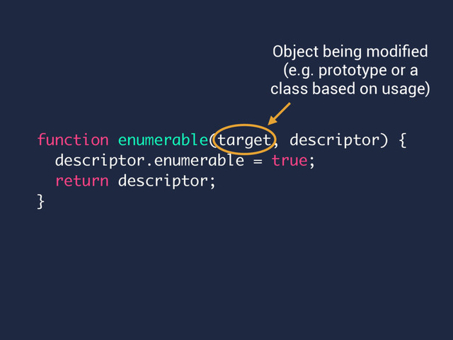 function enumerable(target, descriptor) {
descriptor.enumerable = true;
return descriptor;
}
Object being modiﬁed
(e.g. prototype or a
class based on usage)
